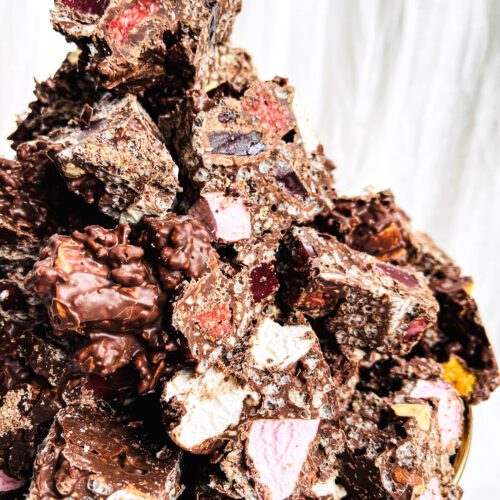 Rocky Road chunks on a gold stand